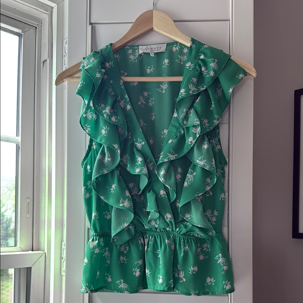 Wayf Green Flutter Sleeve Ruffled Blouse